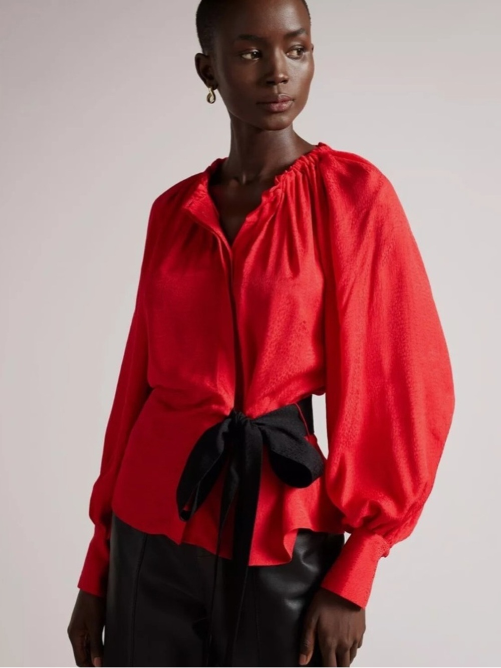 Ted Baker Red Billowy Sleeve Blouse with Black Waist Tie